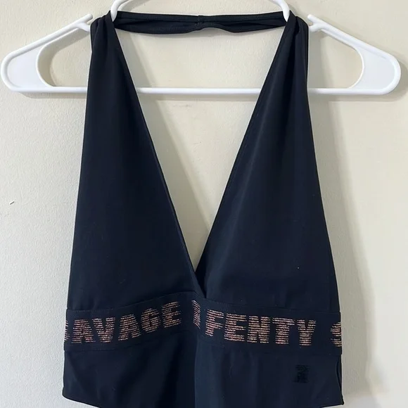 Savage X Fenty Rose Gold Logo Halter Plunge Bodysuit Black Caviar Size M - Picture 3 of 11